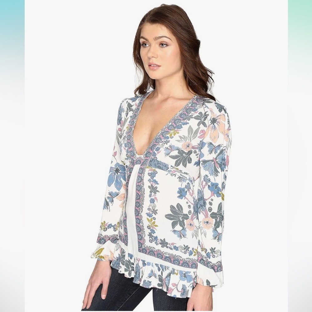 Free People Violet Hill Ivory Floral Printed Long Sleeve Boho Tunic Top - Picture 3 of 6